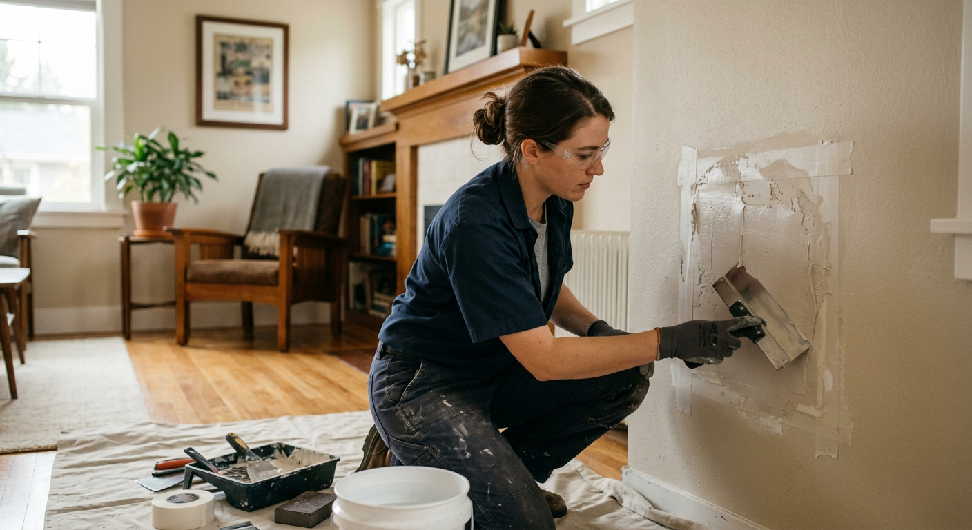 Worker patching drywall inside a Vancouver home